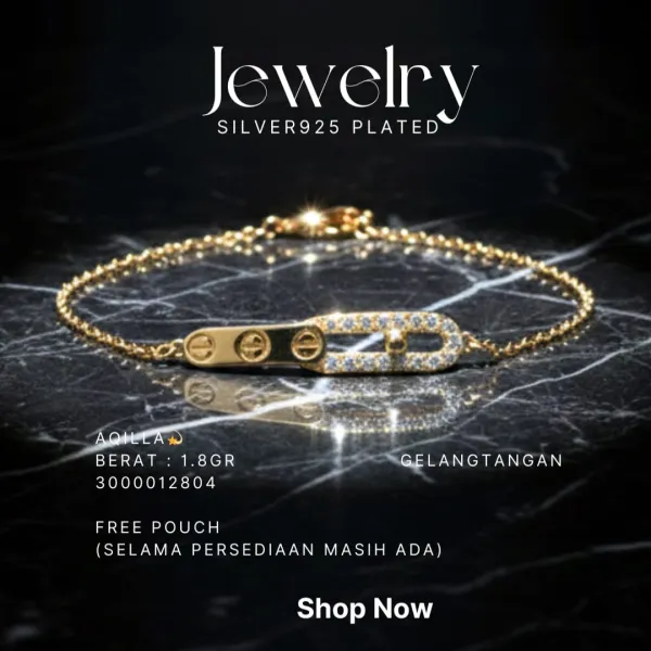 Gelang perak 925 model Aqilla rantai warna gold dengan plat baut dan zirkonia