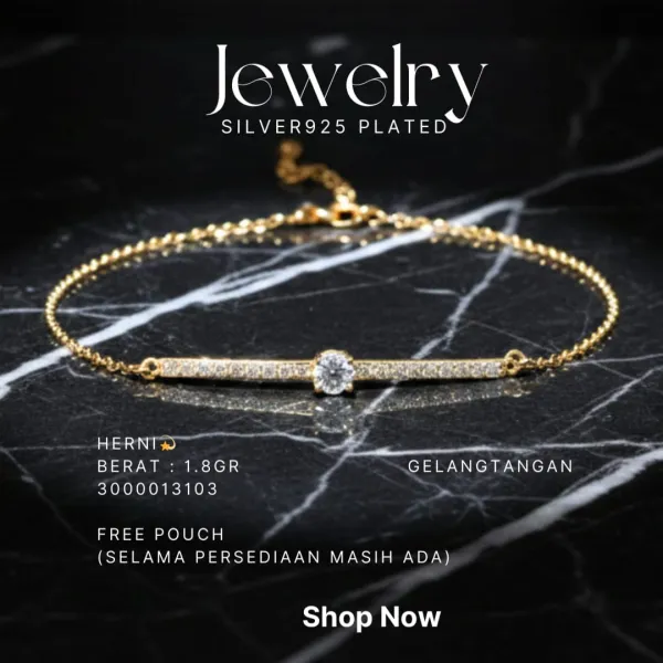 Gelang perak 925 model Herni rantai warna gold dengan batang dan zirkonia tengah