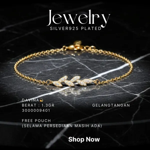 Gelang perak 925 model Davina rantai warna gold dengan motif daun zirkonia