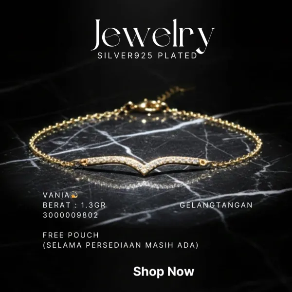 Gelang perak 925 model Vania rantai warna gold dengan batang zirkonia bentuk V