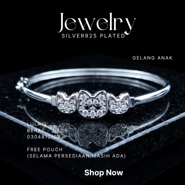 Gelang Anak perak 925 model Lula bangle dengan motif kepala kucing zirkonia