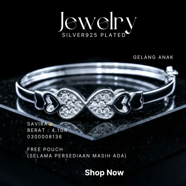 Gelang Anak perak 925 model Savira bangle dengan motif hati zirkonia