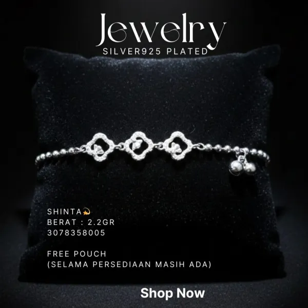 Gelang perak 925 model Shinta rantai bola dengan tiga motif clover zirkonia