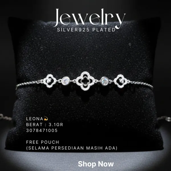 Gelang perak 925 model Leona rantai dengan motif clover dan zirkonia bulat