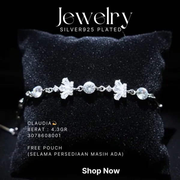 Gelang perak 925 model Claudia rantai dengan zirkonia bulat dan motif bunga