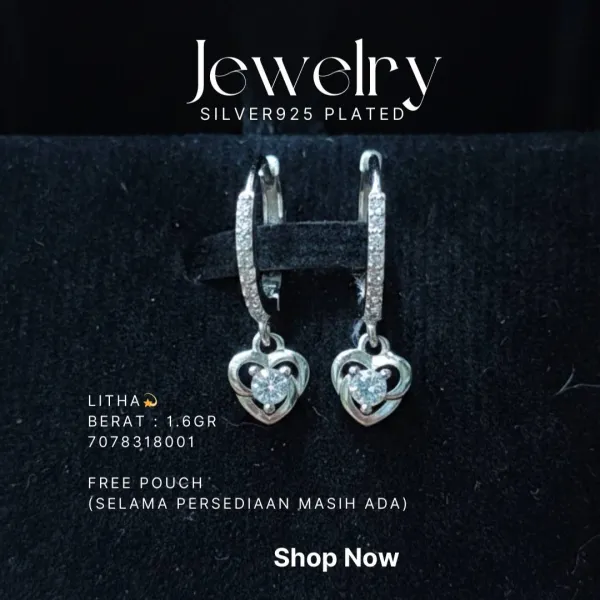 Anting perak 925 model Litha huggie dengan liontin hati dan zirkonia