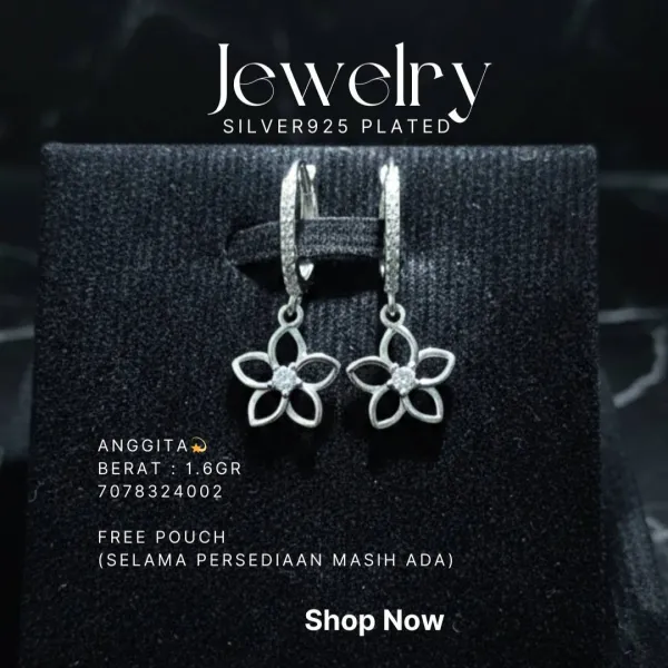 Anting perak 925 model Anggita huggie dengan liontin bunga zirkonia