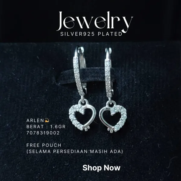 Anting perak 925 model Arlen huggie dengan liontin hati zirkonia