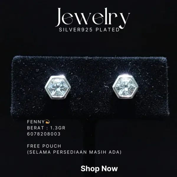 Anting perak 925 model Fenny tusuk dengan zirkonia segi enam