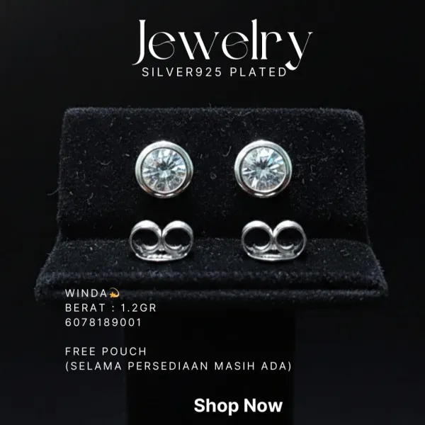 Anting perak 925 model Winda tusuk dengan zirkonia bulat