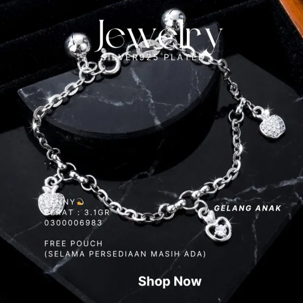 Gelang Anak perak 925 model Venny rantai dengan lonceng dan charm apel zirkonia