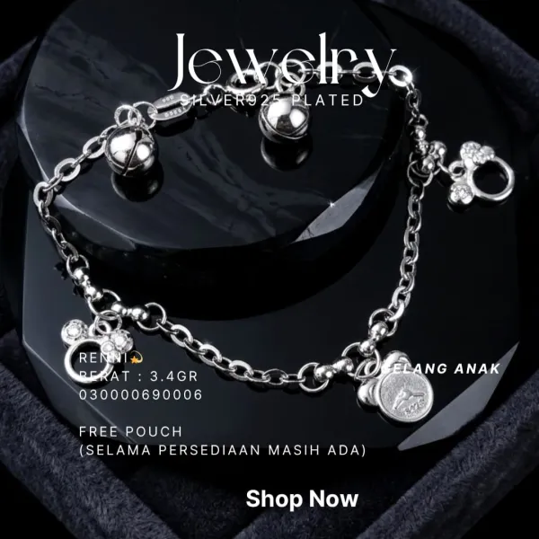 Gelang Anak perak 925 model Renni rantai dengan lonceng dan charm zirkonia