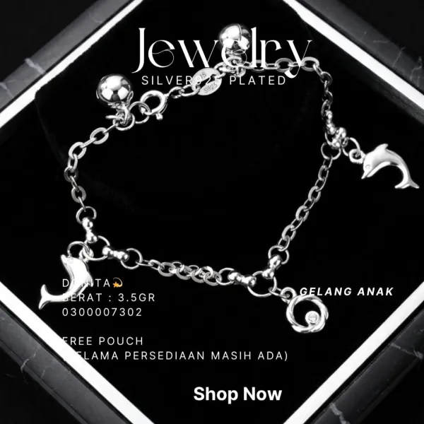Gelang Anak perak 925 rantai dengan lonceng dan charm lumba-lumba