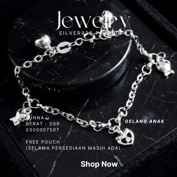 Gelang Anak perak 925 model Lunna rantai dengan lonceng, charm ikan dan hati
