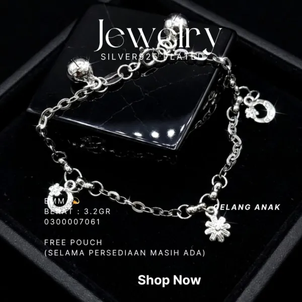 Gelang Anak perak 925 model Emma rantai dengan lonceng dan charm bunga zirkonia