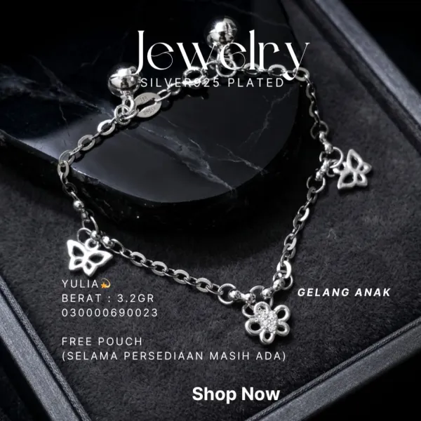 Gelang Anak perak 925 model Yulia rantai dengan lonceng dan charm kupu-kupu