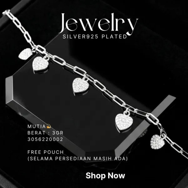 Gelang perak 925 model Mutia rantai paperclip dengan charm hati zirkonia