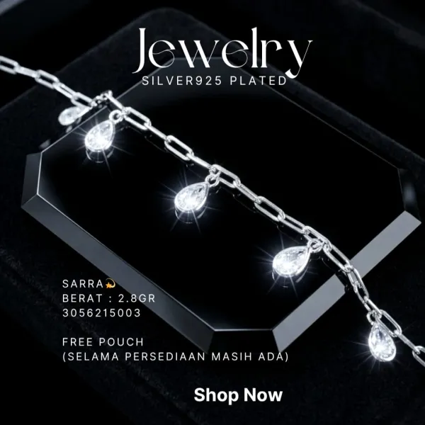 Gelang perak 925 model Sarra rantai paperclip dengan charm zirkonia tetes