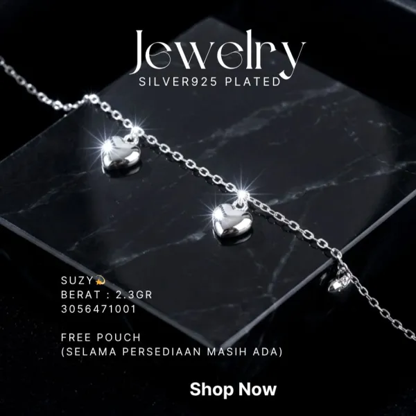Gelang perak 925 model Suzy rantai dengan charm hati polos