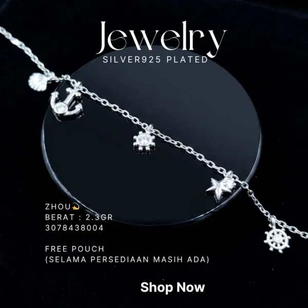 Gelang perak 925 model Zhou rantai dengan charm jangkar, bintang dan kemudi