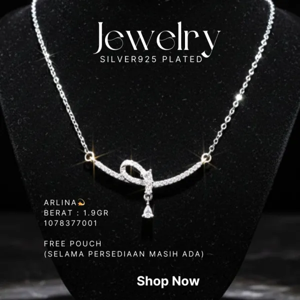 Kalung perak 925 model Arlina dengan liontin pita zirkonia dan tetesan pada manekin hitam