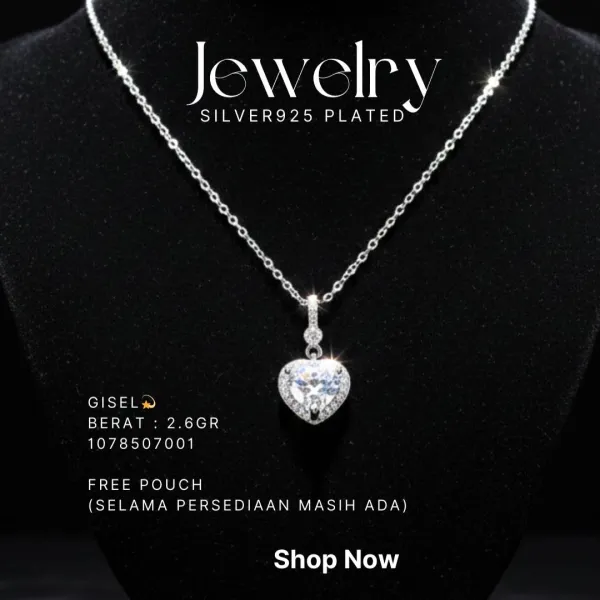 Kalung perak 925 model Gisel dengan liontin hati zirkonia pada manekin hitam