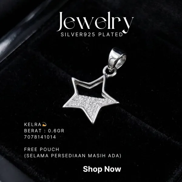 Liontin perak 925 model Kelra bentuk bintang terbuka dengan zirkonia pada kain hitam