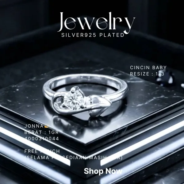 Cincin perak 925 model Jonna bayi dengan zirkonia bulat di atas marmer hitam