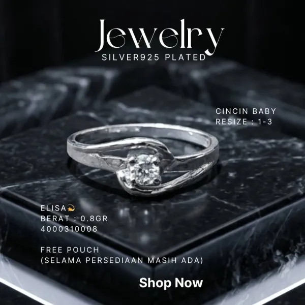 Cincin perak 925 model Elisa bayi dengan zirkonia bulat di atas marmer hitam