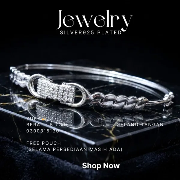 Gelang perak 925 model Yuka bangle dengan zirkonia dan rantai di atas marmer hitam