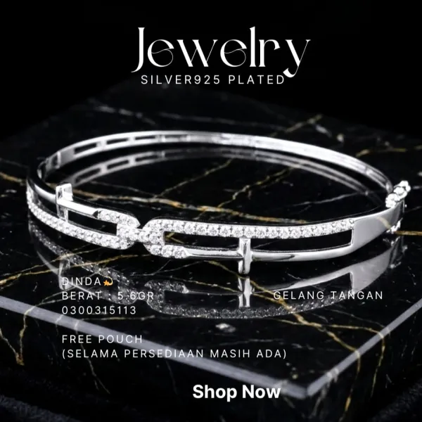 Gelang perak 925 model Dinda bangle dengan deretan zirkonia di atas marmer hitam