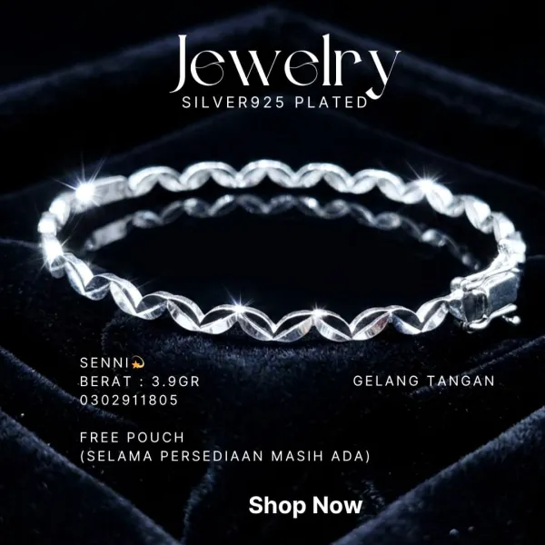Gelang perak 925 model Senni bangle motif gelombang berkilau di atas beludru hitam