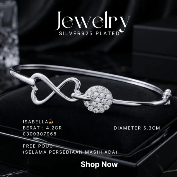 Gelang perak 925 model Isabella bangle dengan hati infinity dan zirkonia di atas bantalan hitam