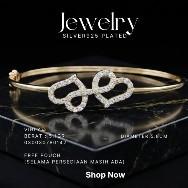 Gelang perak 925 model Virly bangle warna gold dengan hati zirkonia di atas marmer hitam