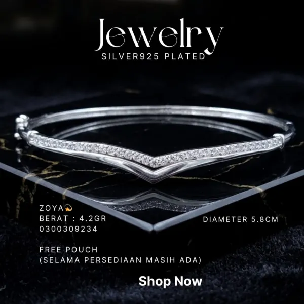 Gelang perak 925 model Zoya bangle berbentuk V dengan zirkonia di atas kaca dan marmer