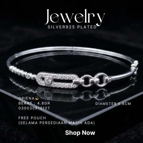 Gelang perak 925 model Opiena bangle dengan plat zirkonia dan mata rantai di atas kaca hitam