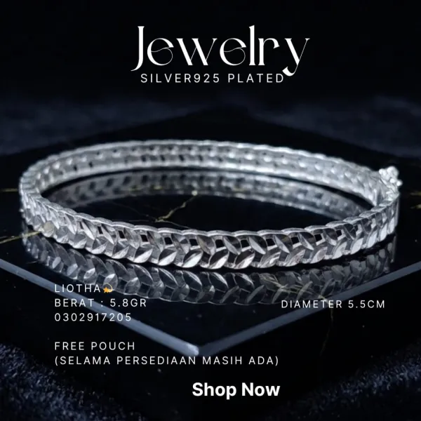 Gelang perak 925 model Liotha bangle motif daun berkilau di atas kaca hitam