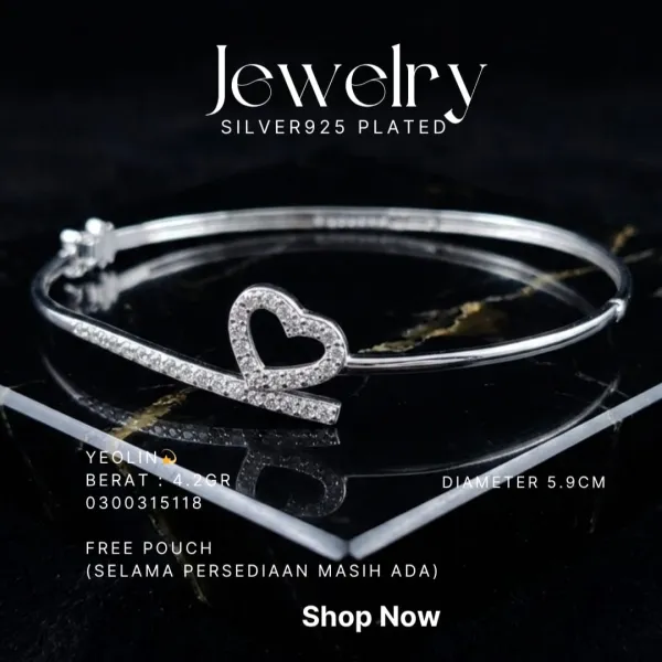 Gelang perak 925 model Yeolin bangle dengan hati zirkonia di atas kaca dan marmer