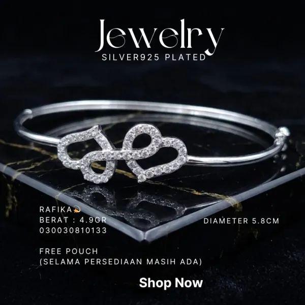 Gelang perak 925 model Rafika bangle dengan hati dan infinity zirkonia di atas kaca hitam
