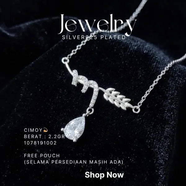 Kalung perak 925 model Cimoy dengan liontin zirkonia tetes dan hiasan daun di atas beludru hitam