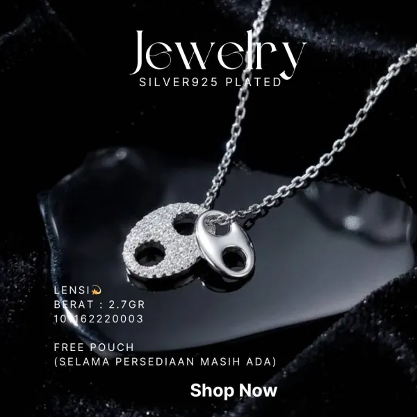 Kalung perak 925 model Lensi dengan liontin mata rantai berhias zirkonia di atas kaca hitam