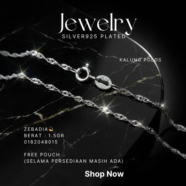 Kalung perak 925 model Zebadia rantai singapore di atas latar hitam