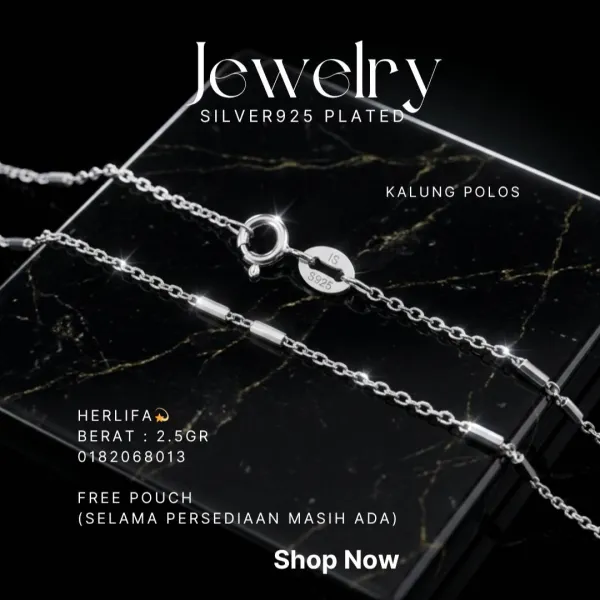 Kalung perak 925 model Herlifa rantai batang di atas latar hitam