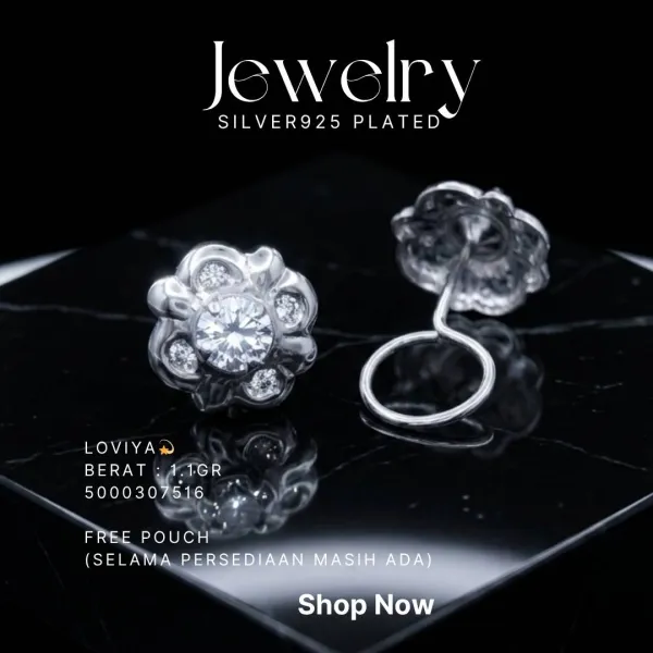 Anting perak 925 model Loviya bunga zirkonia di atas latar hitam