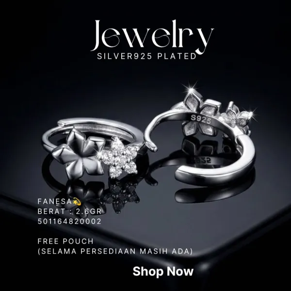 Anting perak 925 model Fanesa bunga zirkonia di atas latar hitam
