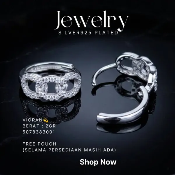 Anting perak 925 model Vioran rantai zirkonia di atas latar hitam
