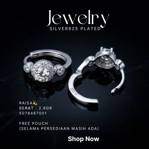 Anting perak 925 model Raisa zirkonia bulat di atas latar hitam