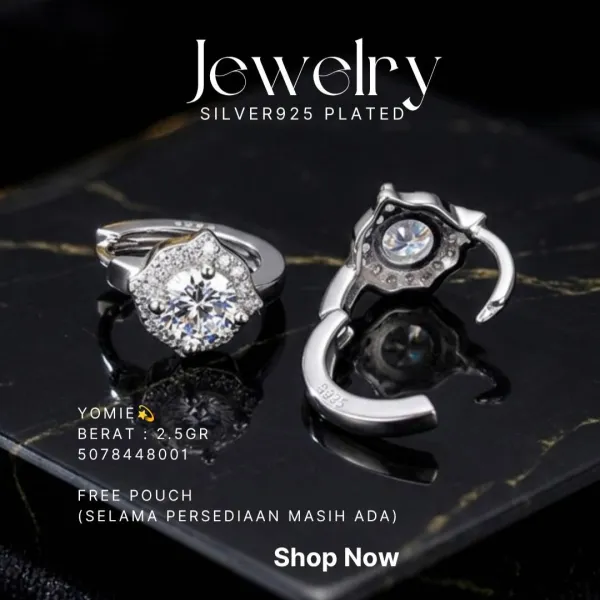 Anting perak 925 model Yomie zirkonia bulat di atas latar hitam