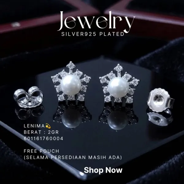 Anting perak 925 model Lenima mutiara dikelilingi zirkonia berbentuk bintang