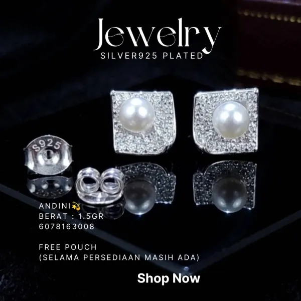 Anting perak 925 model Andini persegi bertabur zirkonia dengan mutiara